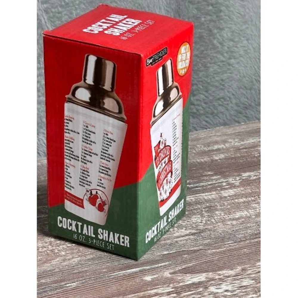 BarTrender Cocktail Shaker 16 Oz 3 Piece Set Holiday Christmas Drinks Recipe Box